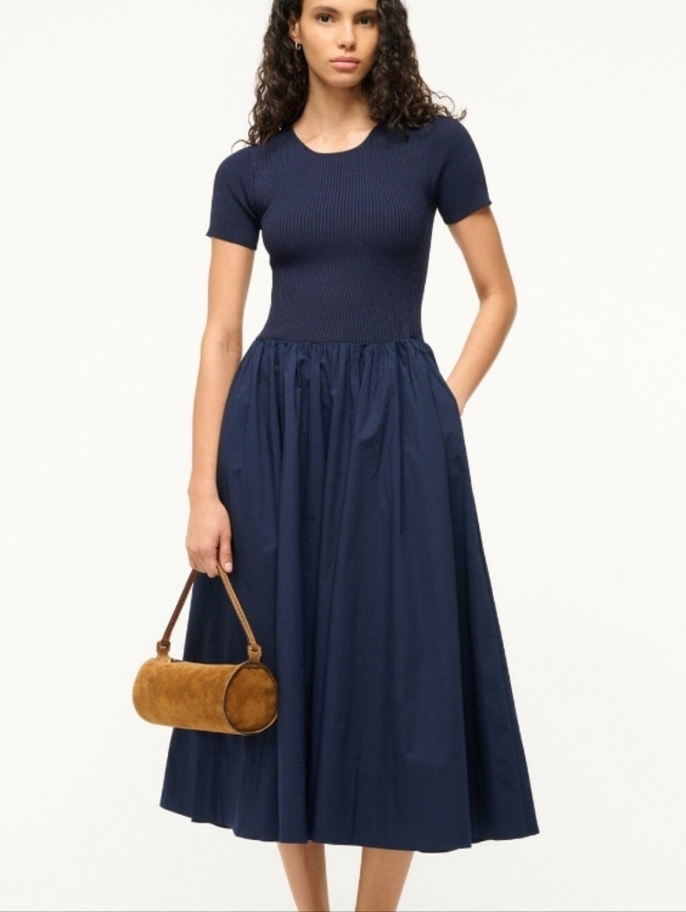 STAUD Ysabel Navy Blue Short-Sleeve Knit Bodice Long Dress With Pockets Sz-L - Picture 11 of 13